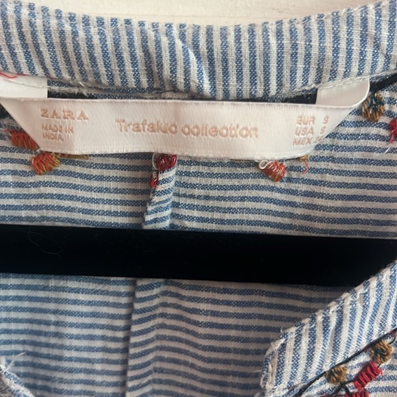 Zara Boho Mini Dress Blue and White Striped Embroidered size Small - Picture 11 of 12